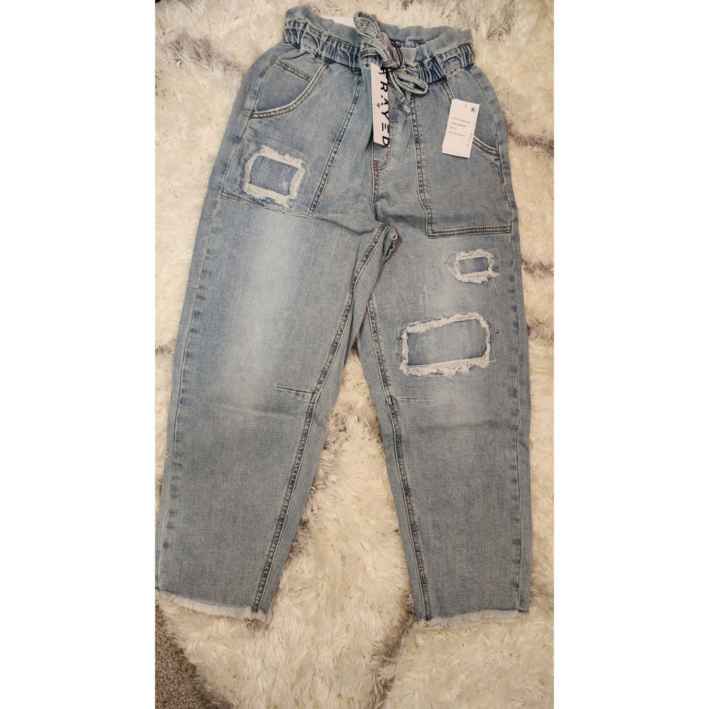 FRAYED Women's Super Rise Crop Utility Jeans Distressed Frayed Hem Tie Waist